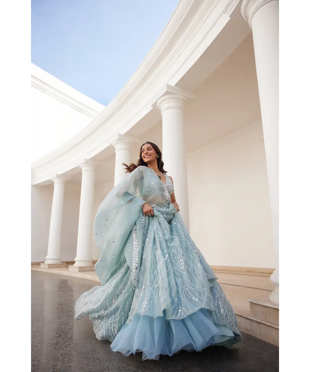 SANYA GULATI- Powder Blue Organza Lehenga and Blouse